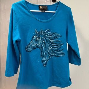 Christine Alexander Blue Long Sleeve Top with Horse Design